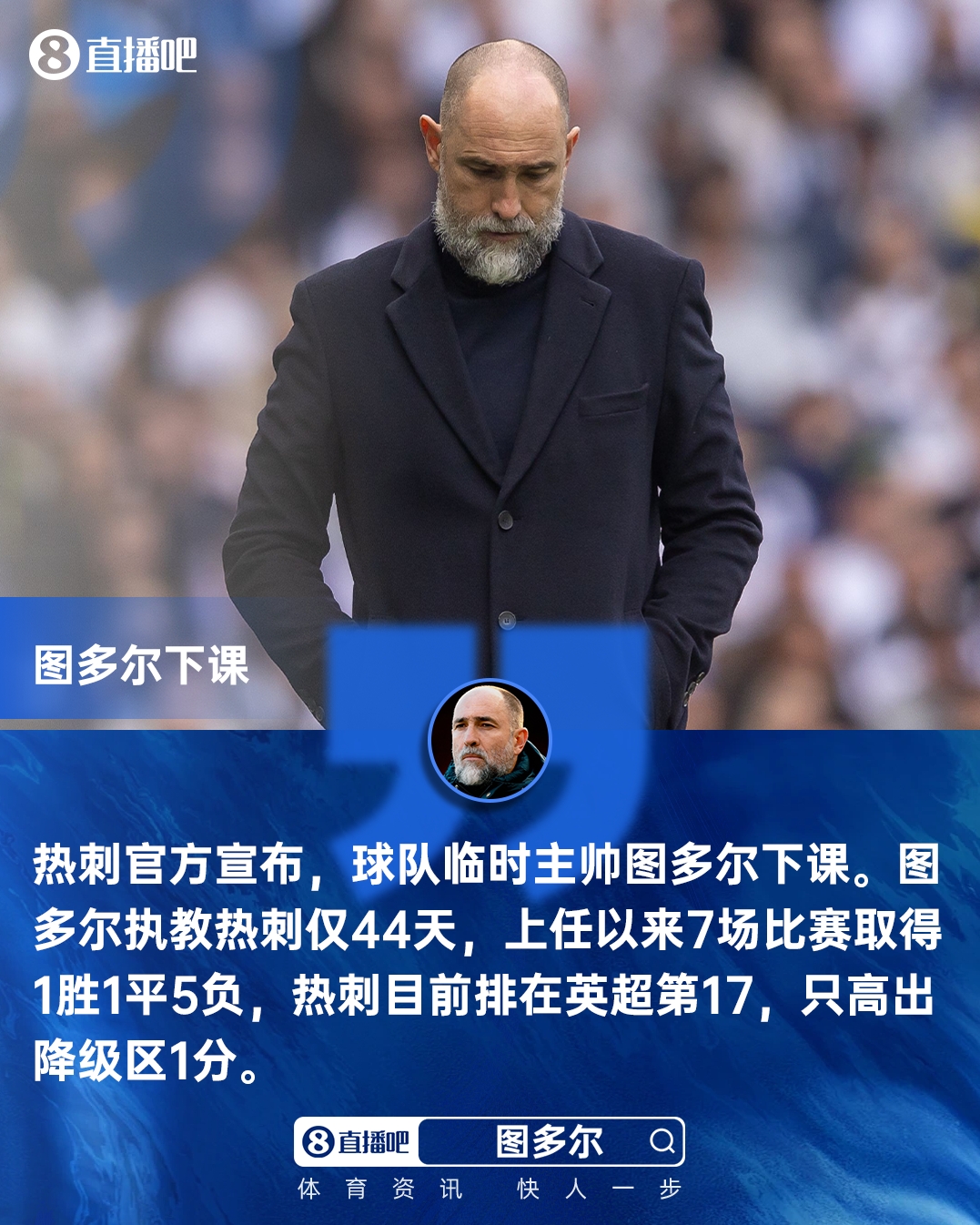 救火失败！官方：热刺临时主帅图多尔下课，带队6周7战仅1胜